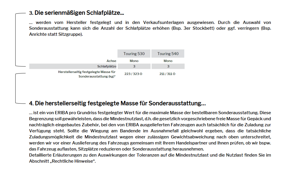 Erläuterungen zu den zugelassenen Sitzplätzen (einschließlich Fahrer) und zur herstellerseitig festgelegten Masse für Sonderausstattung