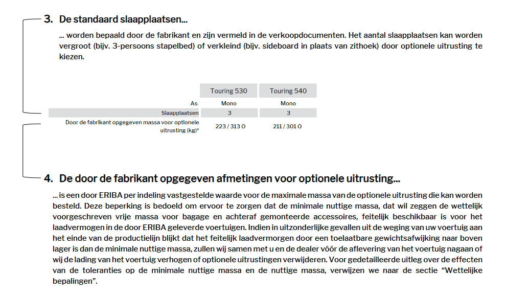 Uitleg over het toegestane aantal zitplaatsen (inclusief bestuurder) en de door de fabrikant opgegeven massa voor optionele uitrusting.